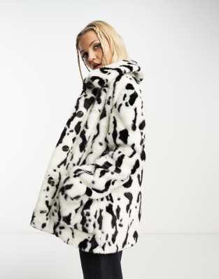 Urban Code button down faux fur coat in dalmation print White