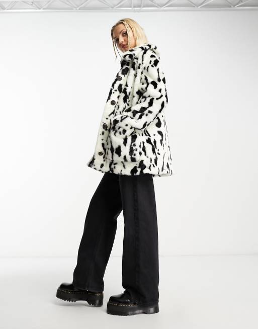 Urban Code button down faux fur coat in dalmation print | ASOS