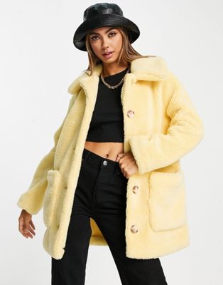 Urbancode Urban Code Button Front Belted Teddy Coat In Pale Yellow