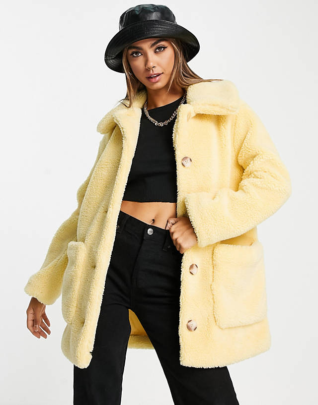 Urbancode - Urban Code button front belted teddy coat in pale yellow