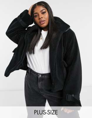 Urban Code Curve teddy bomber jacket with pockets in black