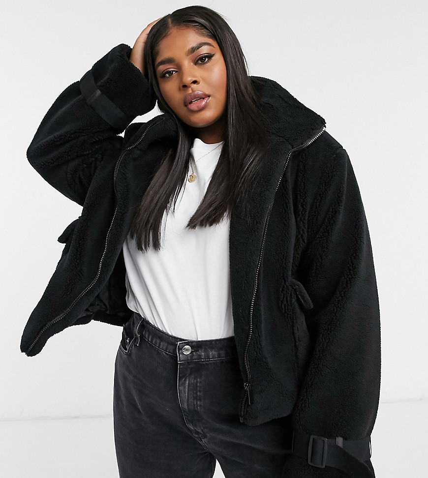 Urban Code Curve teddy bomber jacket with pockets in black