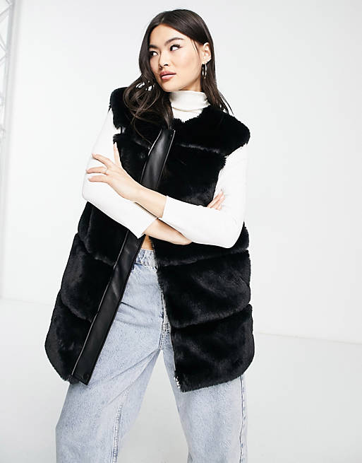 Urban Code faux fur longline vest with faux leather panels in black
