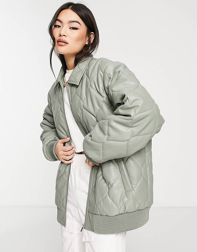 Urbancode - Urban Code faux leather bomber jacket with diamond quilt in sage green