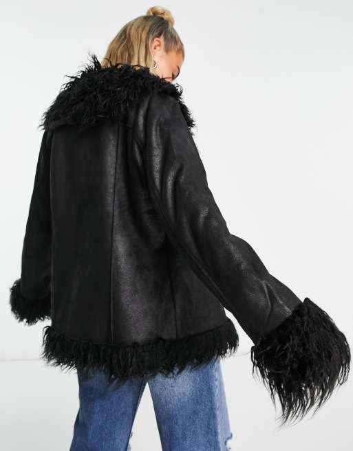 Urban Code faux shaggy fur jacket in black | ASOS
