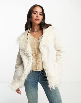 Urban Code faux shaggy fur jacket in cream - ASOS Price Checker