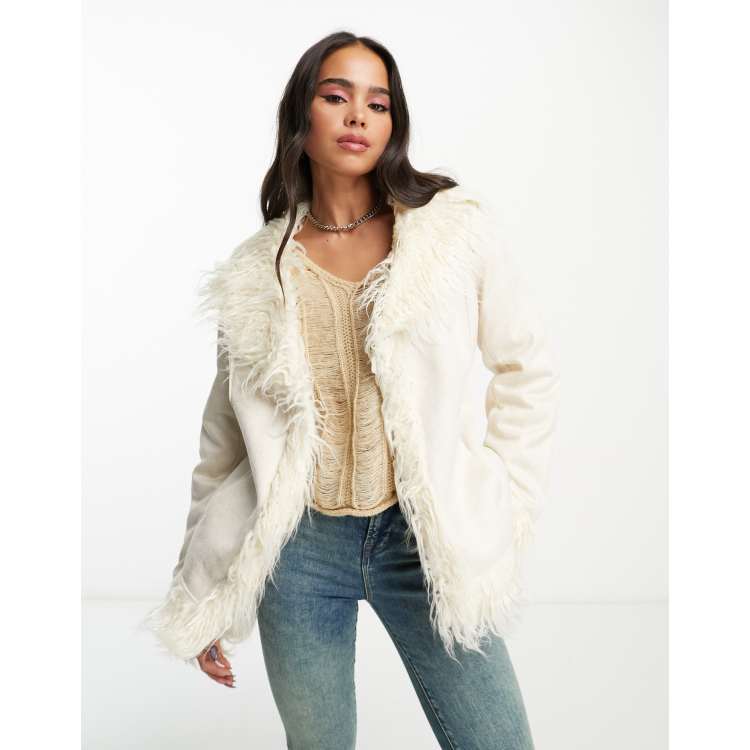 Urban Code faux shaggy fur jacket in cream | ASOS