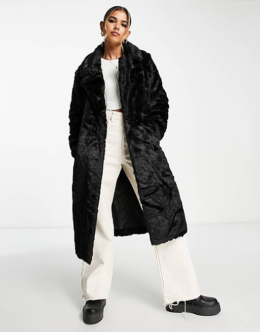 Urban Code longline faux fur coat in black | ASOS