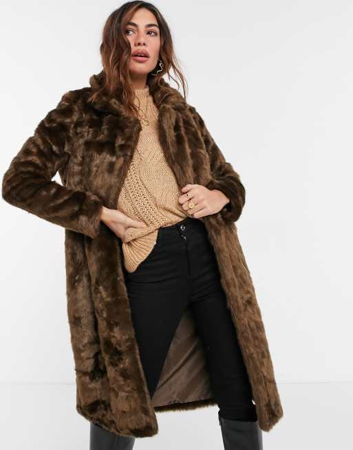 Urban Code longline faux fur coat in brown | ASOS