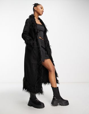 Urban Code longline faux shaggy fur coat in black