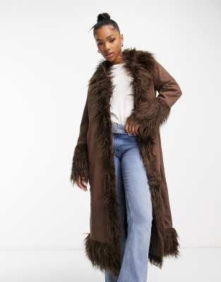 Urban Code longline faux shaggy fur jacket in chocolate brown