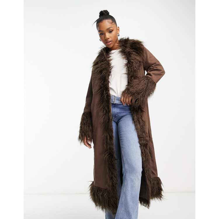 Urban Code longline faux shaggy fur jacket in chocolate brown | ASOS