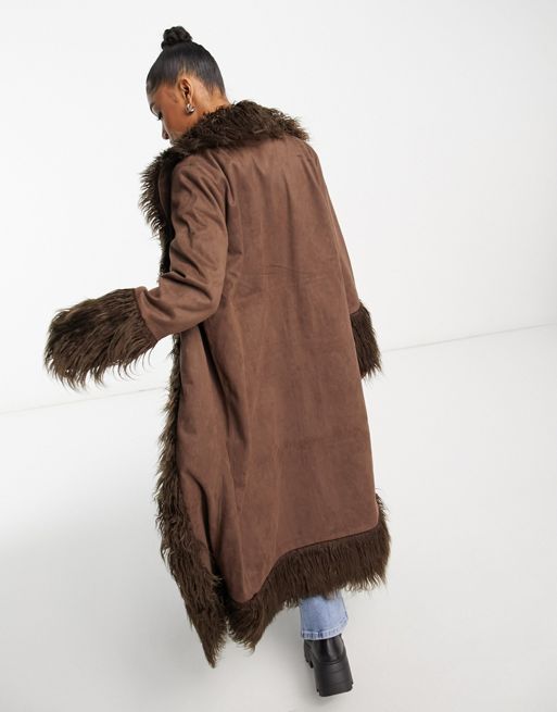 Urban Code longline faux shaggy fur jacket in chocolate brown