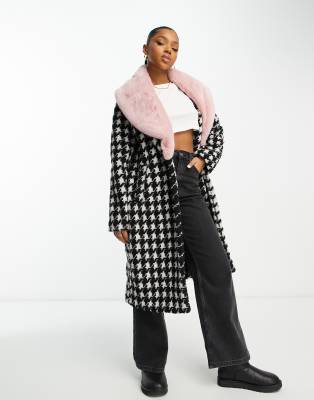 Urban Code longline houndstooth overcoat with pink faux fur collar-Black