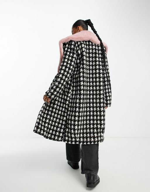 Urban Code longline houndstooth overcoat with pink faux fur collar