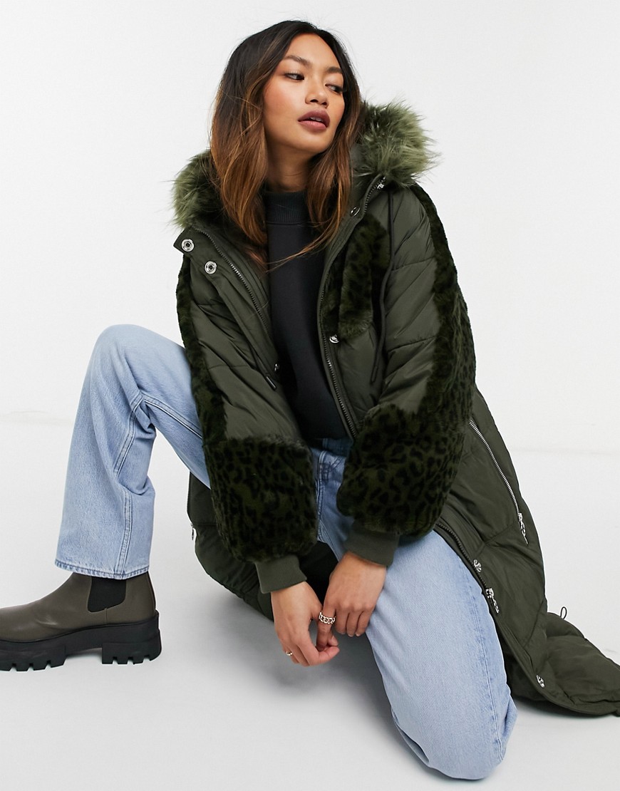 Urbancode Urban Code Longline Padded Parka With Faux Fur Panels-green