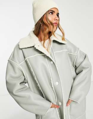 Shop Urbancode Urban Code Longline Pu Aviator Coat In Sage Green With Contrast Cream Teddy Trim