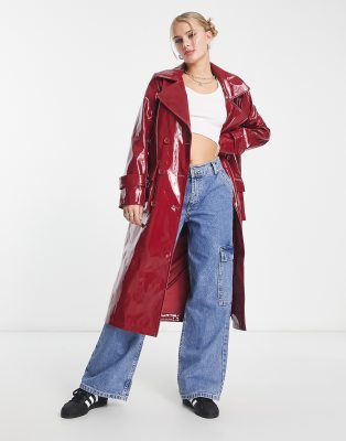 Urban Code longline PU trench coat in burgundy - ASOS Price Checker