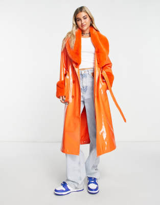 Urban Code longline pu trench coat with faux fur collar in bright orange