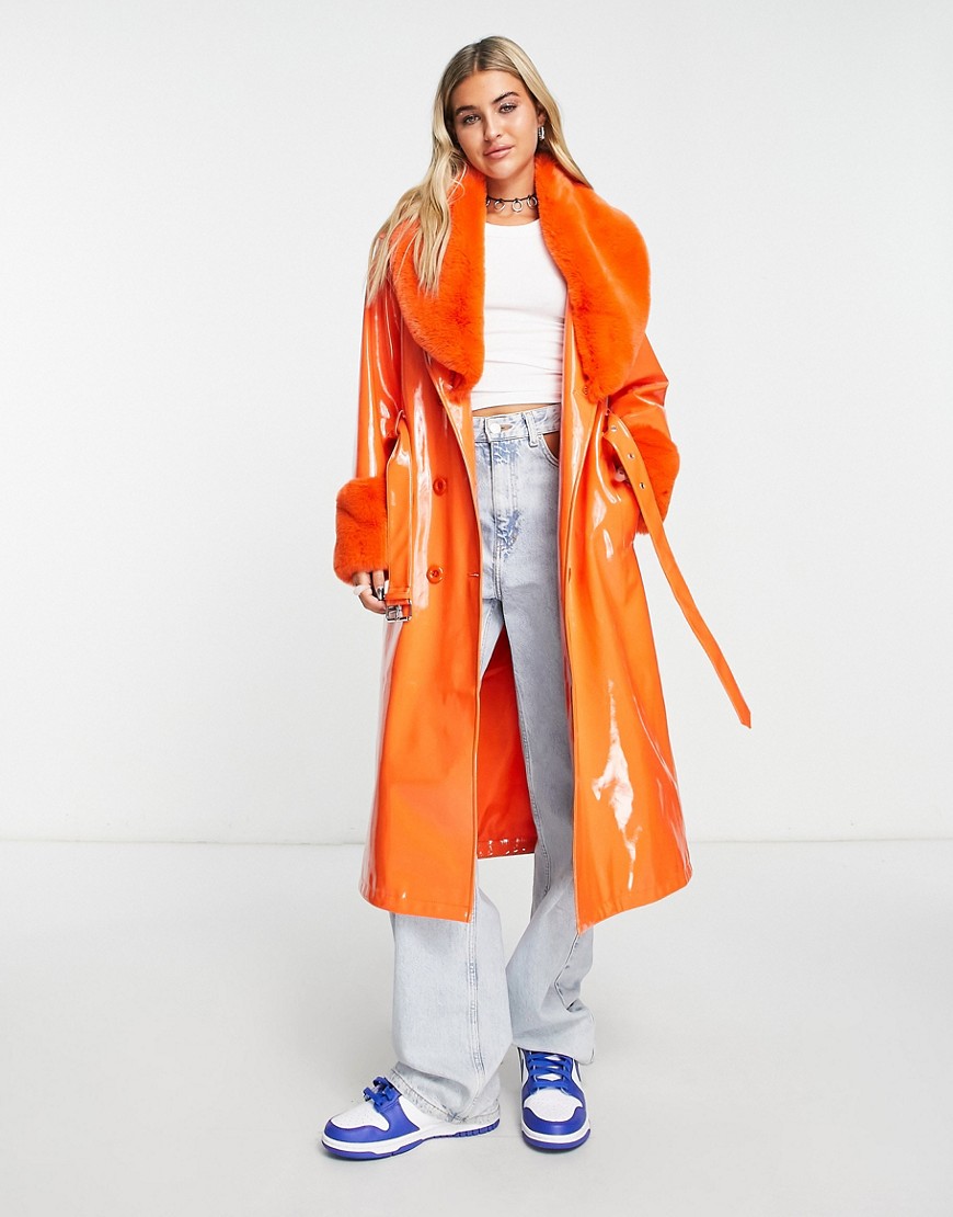 Urban Code longline pu trench coat with faux fur collar in bright orange