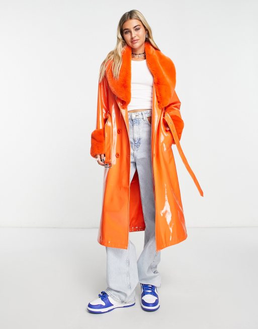 Topshop Petite faux leather trench coat in orange