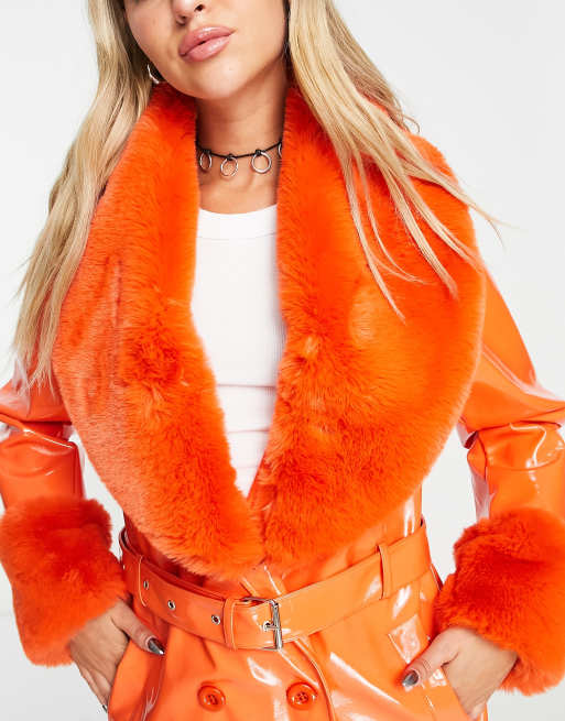 High Neck Faux Fur Coat Orange