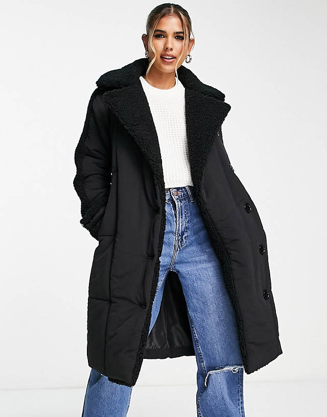 Urbancode - Urban Code longline puffer coat with borg trim in black