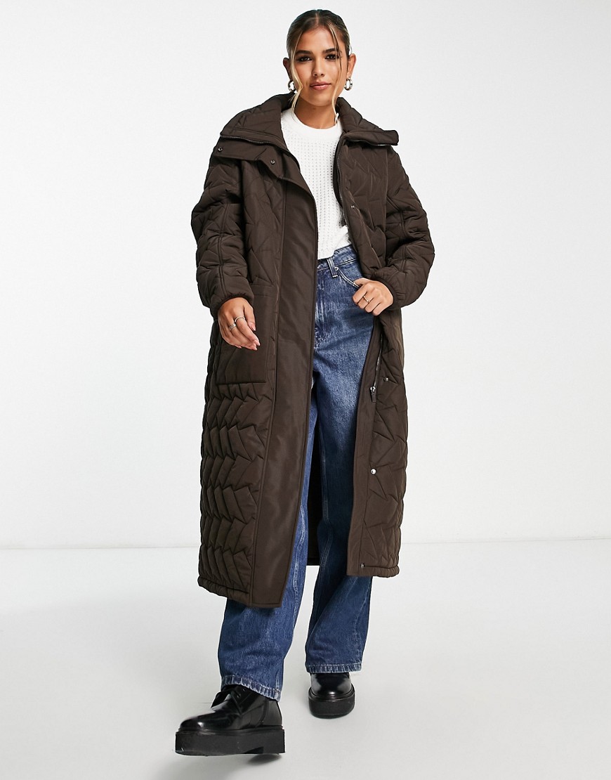 Urban Code longline puffer coat with zigzag quilt in chocolate brown