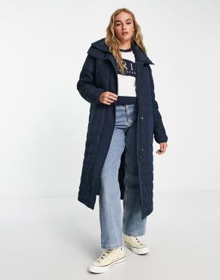 Urbancode Urban Code Longline Puffer Coat With Zigzag Quilt In Navy