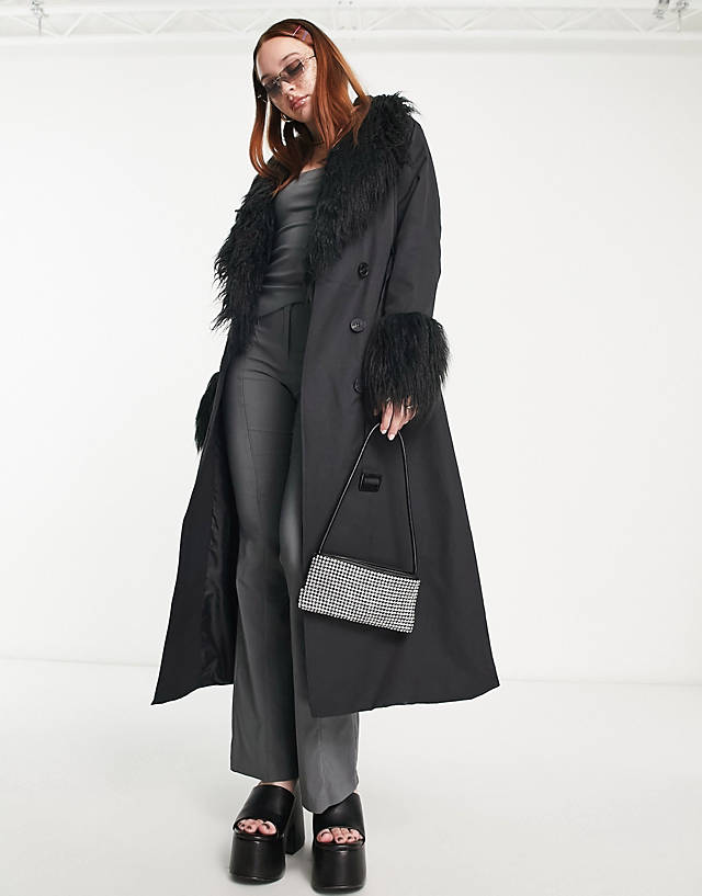 Urbancode - Urban Code longline trench coat with faux shaggy fur collar in black