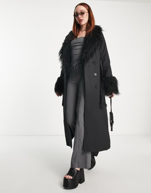 Urban Code longline trench coat with faux shaggy fur collar