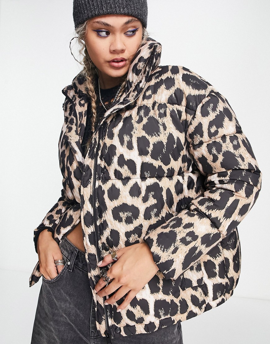 Urban Code oversized puffer jacket in leopard print-Brown