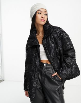 Urban Code oversized puffer jacket with textured flocking in black