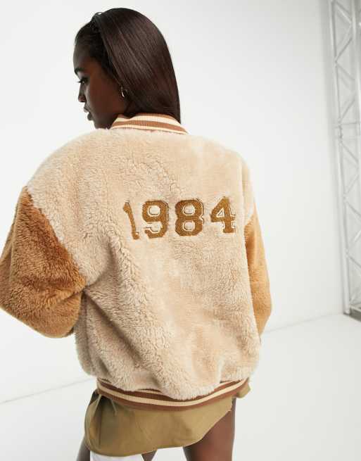 Urban Code oversized teddy varsity jacket in brown