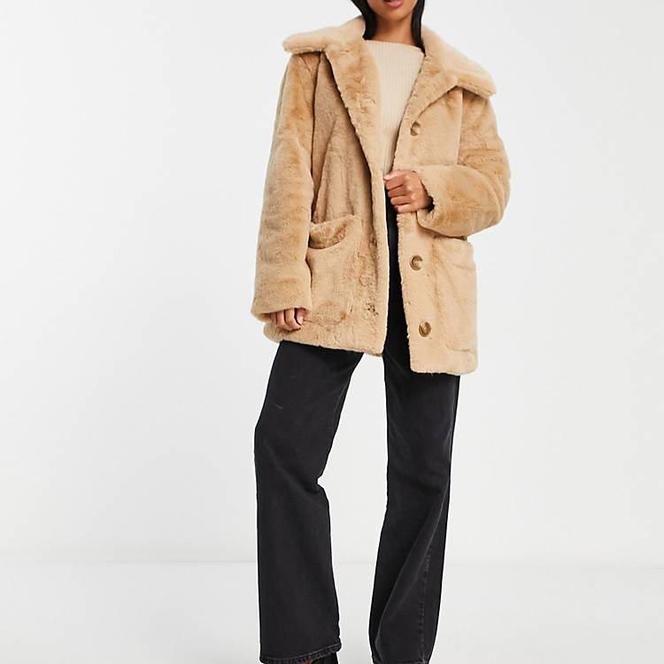 Urban Code Petite button down faux fur jacket in beige | ASOS