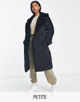 Urban Code Petite Longline Double Breasted Puffer Coat In Black With Contrast Cream Borg Trim