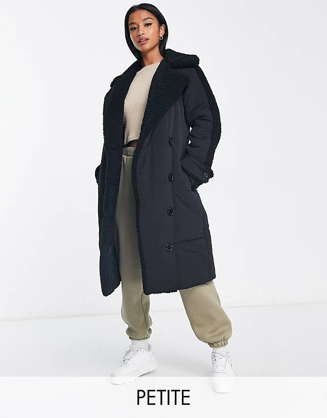 Urban Code Petite - longline double breasted puffer coat in black with contrast cream borg trim