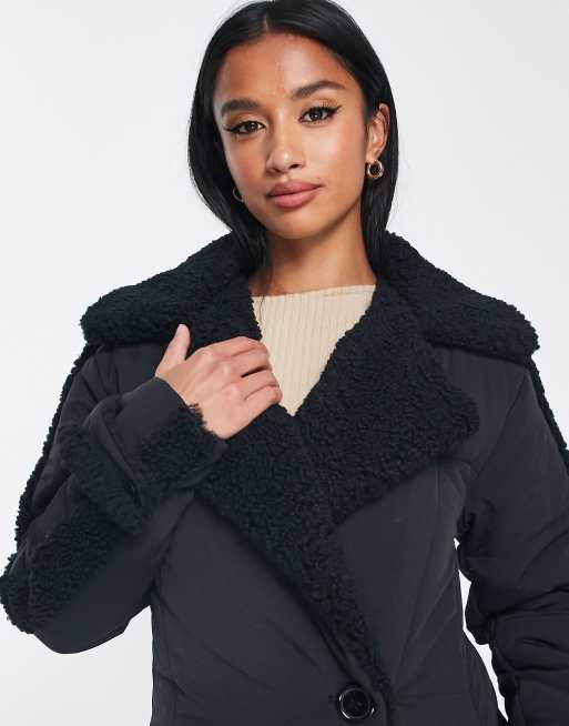 Urban Code Petite longline double breasted puffer coat in black