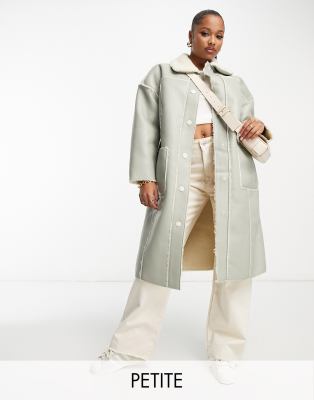 longline pu aviator coat in sage green with contrast cream borg trims