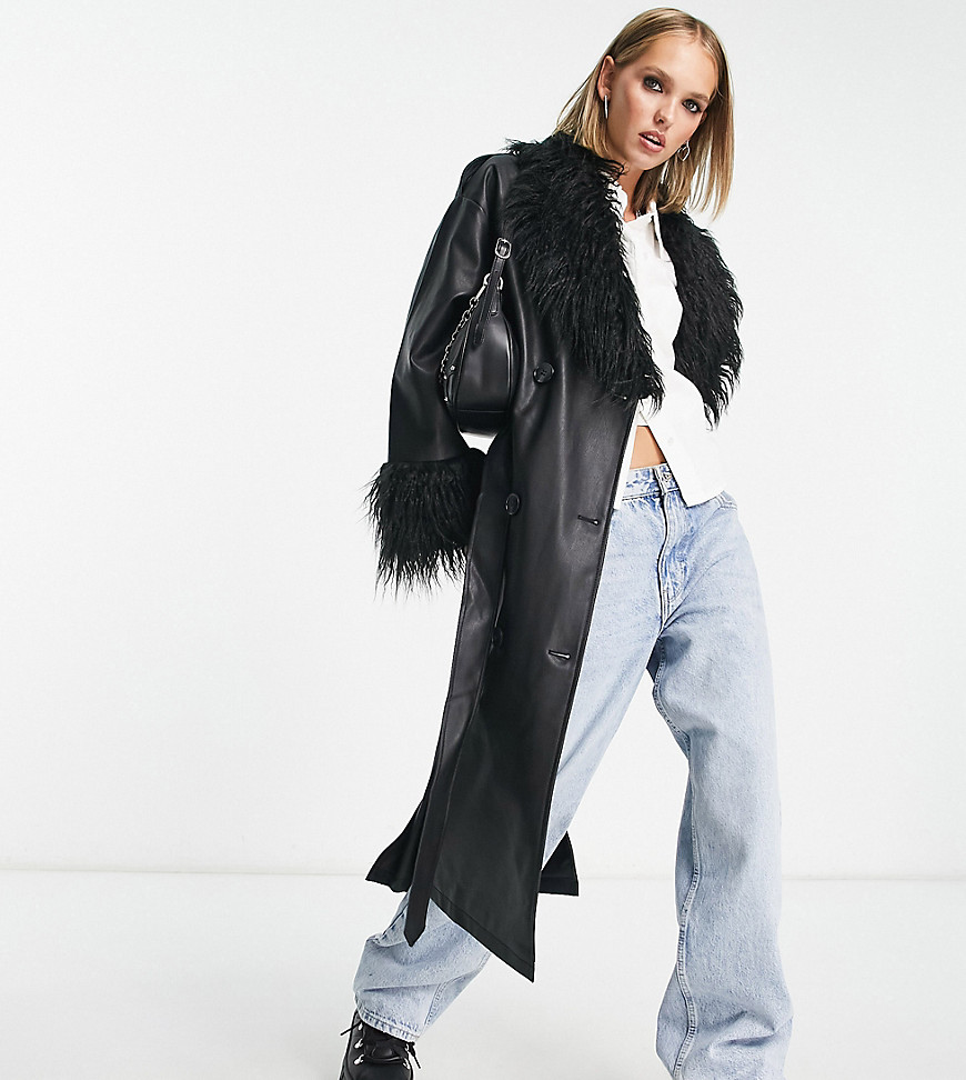 Urban Code Petite longline PU trench coat with faux shaggy fur collar in black