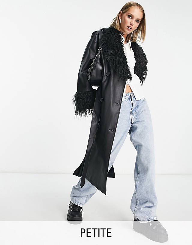 Urban Code Petite - longline pu trench coat with faux shaggy fur collar in black