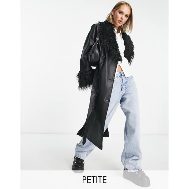 Urban Code Petite longline PU trench coat with faux shaggy fur