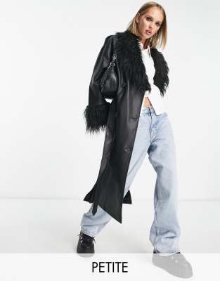 Urban Code Petite longline PU trench coat with faux shaggy fur collar ...