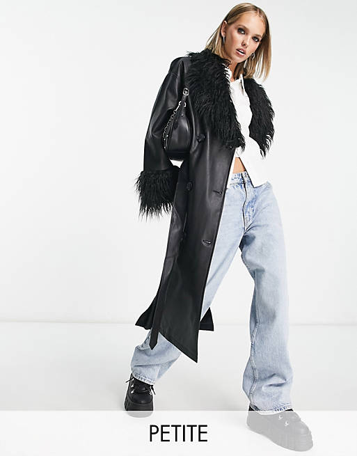 Urban Code Petite longline pu trench coat with shaggy faux fur collar in  black