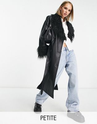 Urban Code Petite longline pu trench coat with shaggy faux fur collar in black - Click1Get2 Black Friday