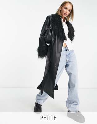 Urban Code Petite longline pu trench coat with shaggy faux fur collar in black - Click1Get2 Promotions
