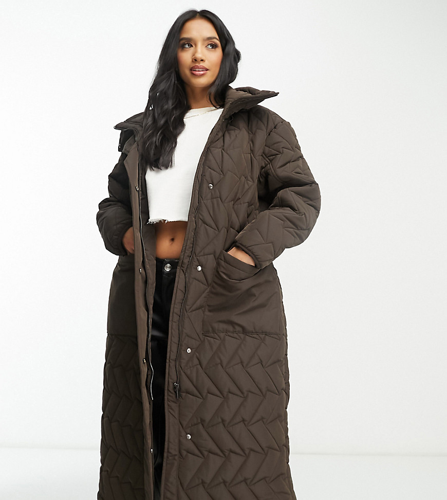 Urban Code Petite longline puffer coat with zigzag quilt in chocolate brown