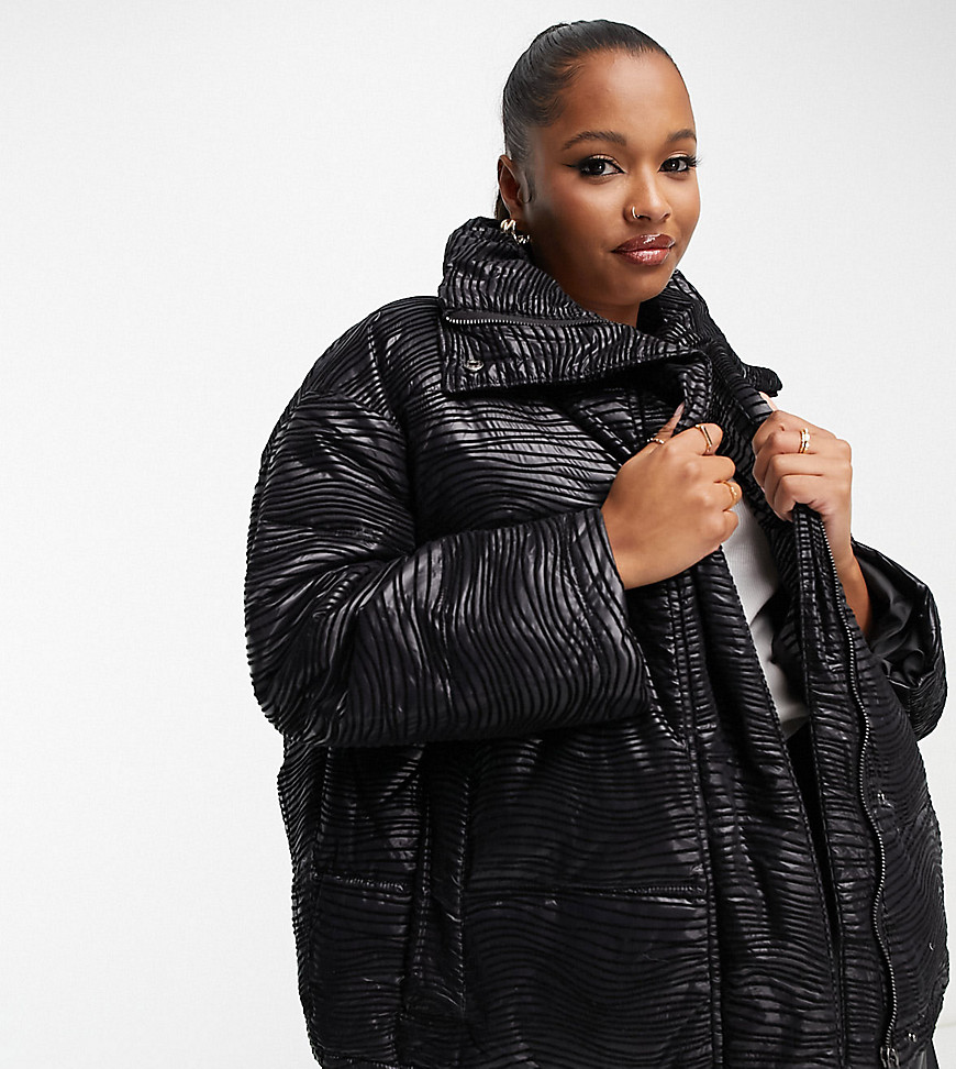 oversized puffer jacket with textured flocking in black