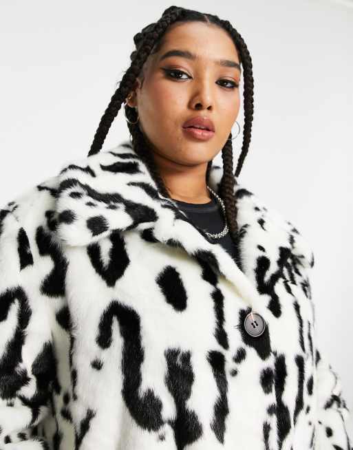 Urban Code Plus button down faux fur coat in dalmatian print ASOS