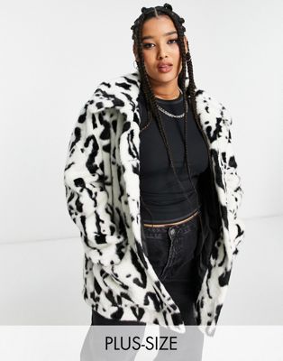 Urban Code Plus button down faux fur coat in dalmation print-White